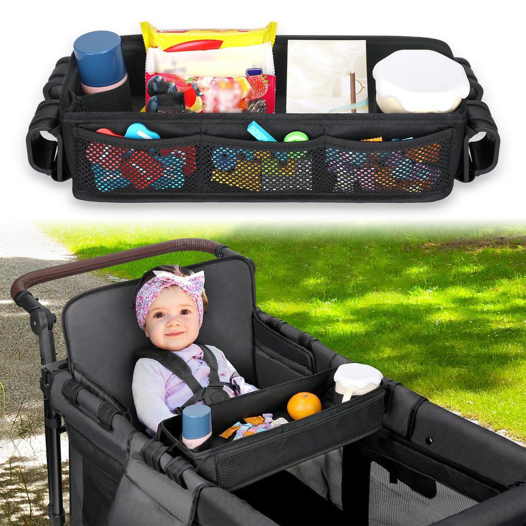 Foldable Thickened Snack Tray with Cup Holder Mesh Pockets Double Sided Stroller Tray for Wonderfold Wagon W4 Accessories