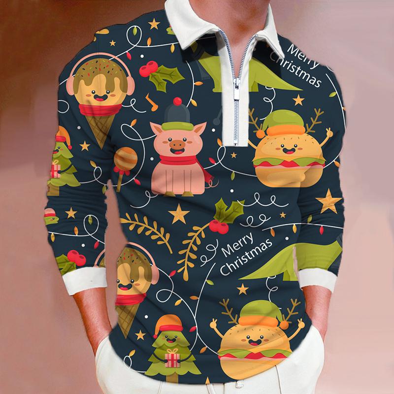 Spring Autumn Men Long Sleeve Zipper 3D Digital Christmas Print Polo Shirt Men Casual Lapel Polo Shirt Tops