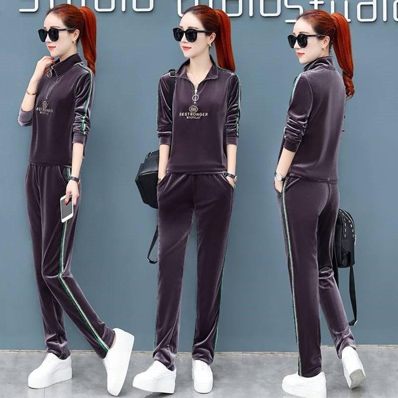 Gold Velvet Set - Women's Fashion Spring-Autumn Round-neck Casual Sportswear Sweater Set of Two Pieces