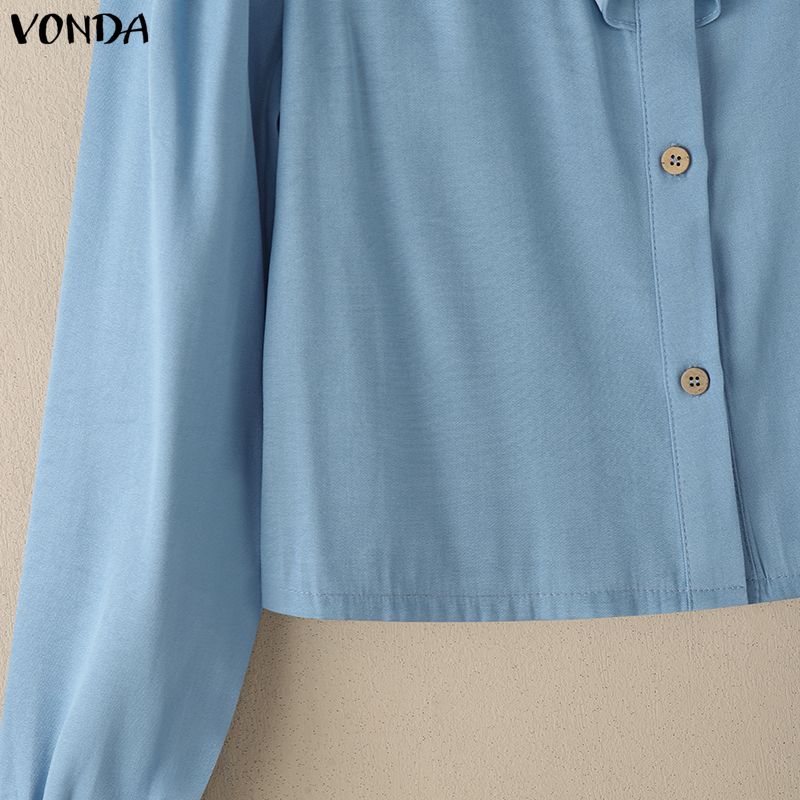 VONDA Elegant Women Long Sleeve Ruffled Plaid Blouse Shirts