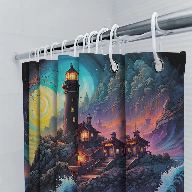 Fantasy Lighthouse Shower Curtain Artistic Ocean Waves Print Bathroom Decor Customizable Text Printing