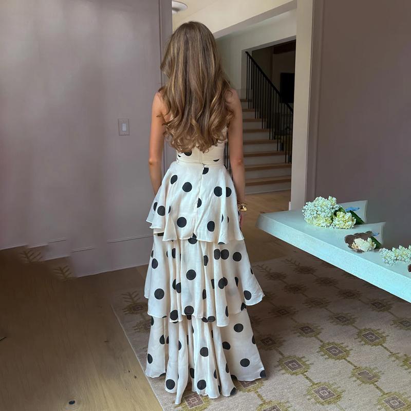 2 Piece Sets Polka Dot Long Dress Women 2026 Summer Sleeveless Top Ruffle Pleated Dress Set Luxury Party Sexy Female Dress Set