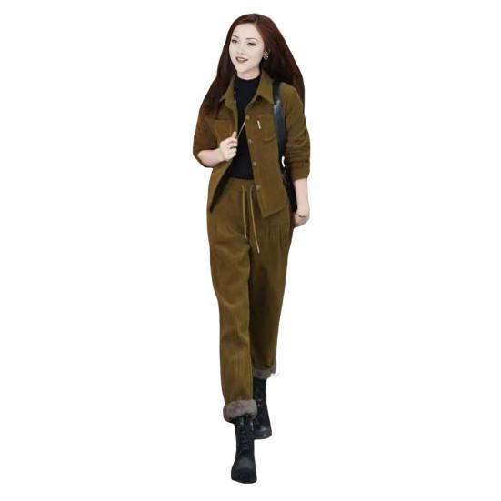 2 Pçs/set Mulheres Casaco Calças Conjunto Grosso Plush Forrado Simples-breasted Gola Virada Manga Comprida Jaqueta Cordão Cintura Elástica Calças Inverno