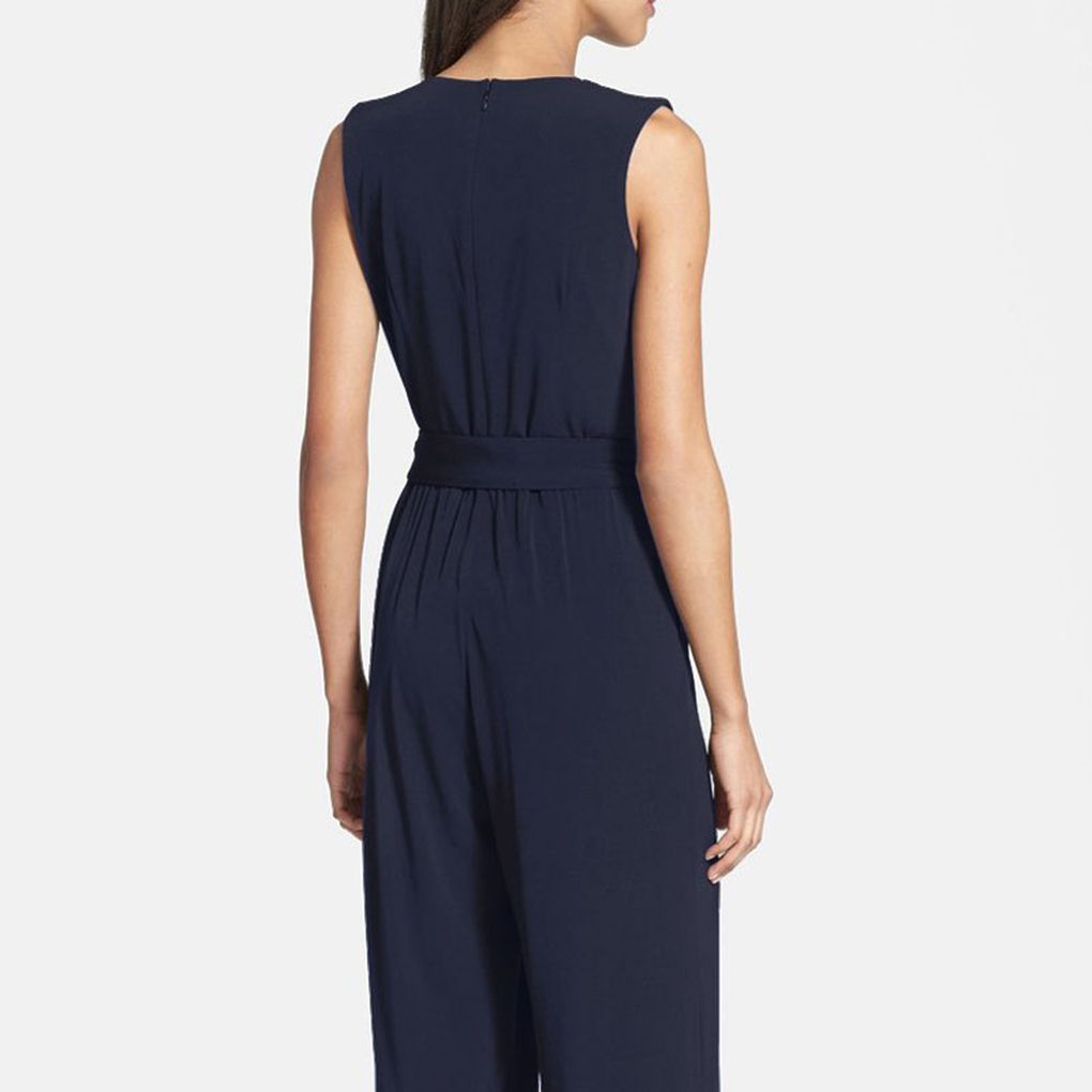 Women Solid V Neck Wide Leg Jumpsuit Pleated High Waist Sleeveless Bodysuit