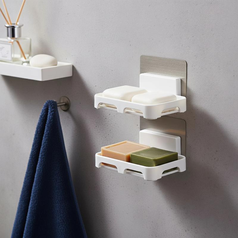 Self Adhesive Wall Mounted Soap Dish Holder With Drainage No Drilling For Bathroom Kitchen Sink