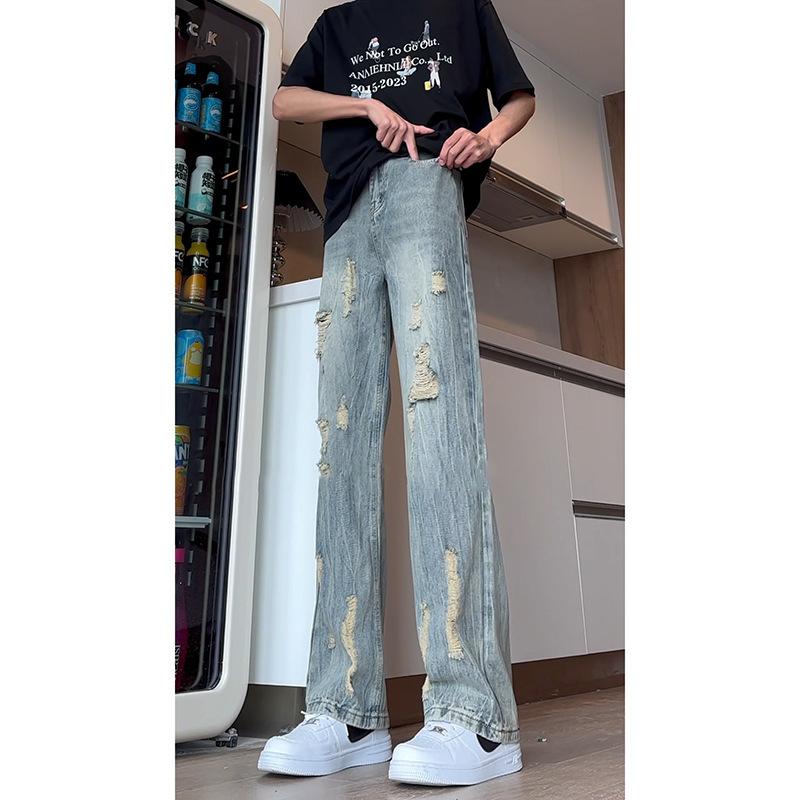 Джинсы клеш JYL мужские Синие Рваные Летние Американский Стиль Высокая Талия Bootcut Узкие Деним XL бездна