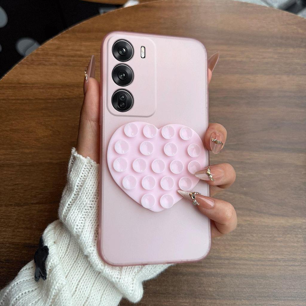 Heart Shape Suction Cup Phone Case for OPPO Reno12 Pro 5G,Reno12 5G Semi Transparent Matte Shockproof Soft TPU Cover