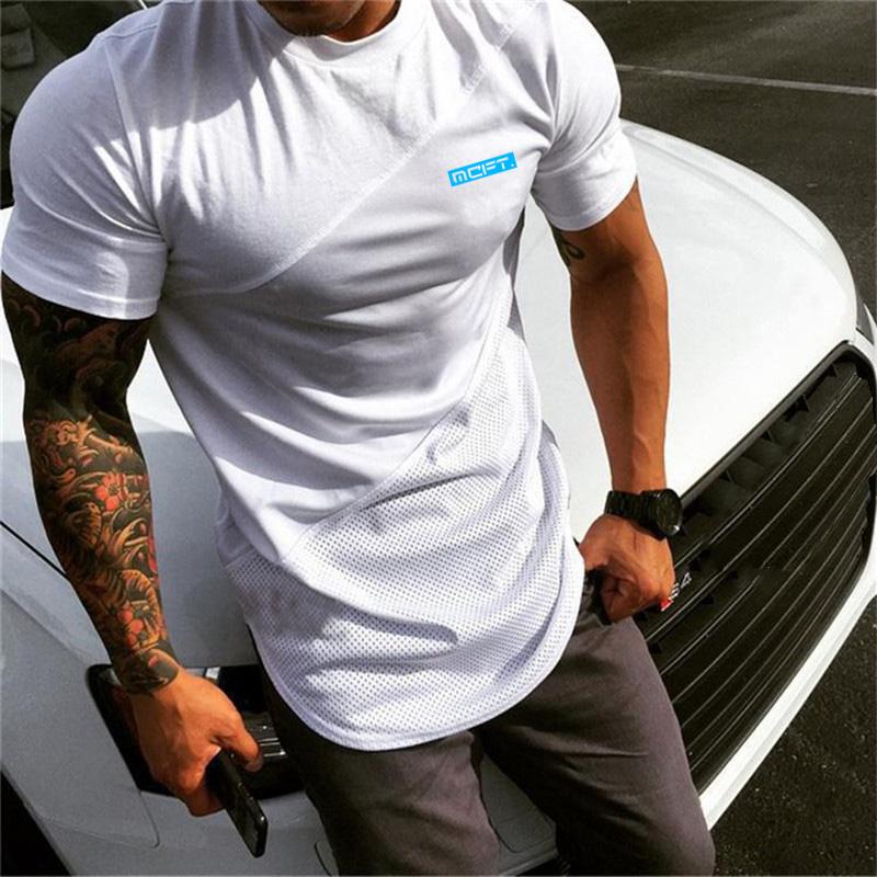 Muscleguys Nuovi Top Stampati da Uomo Patchwork Cotone&Mesh T-shirt Fitness Bodybuilding Manica Corta Traspirante Allenamento Abbigliamento da Palestra