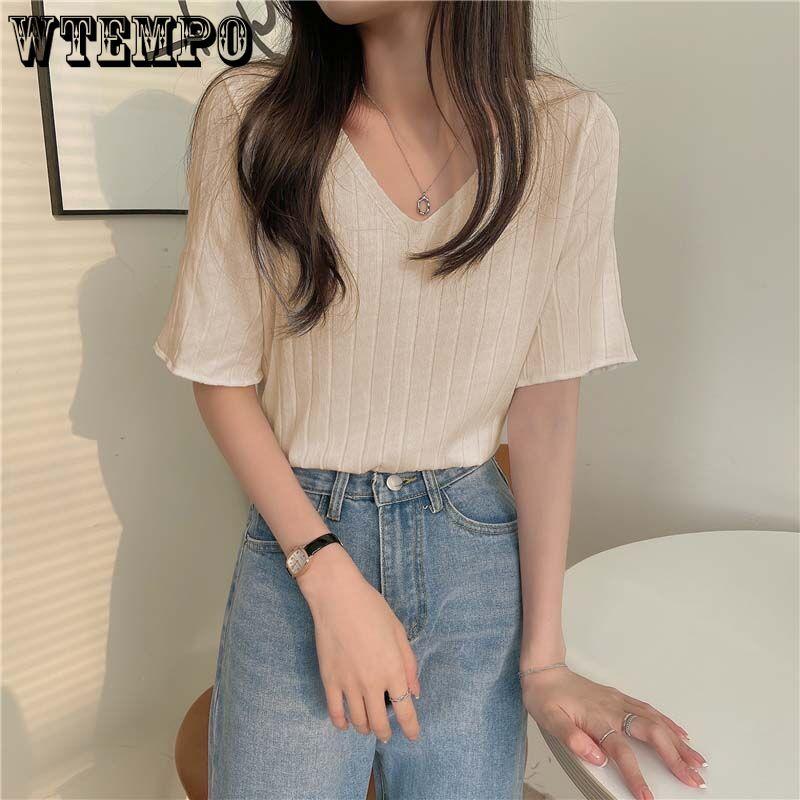 V-neck Tops Summer Short Sleeve T-shirt Loose Pit Striped Sweater Women's Casual Bottoming Shirt Aesthetic Simple Tee Y2k Top