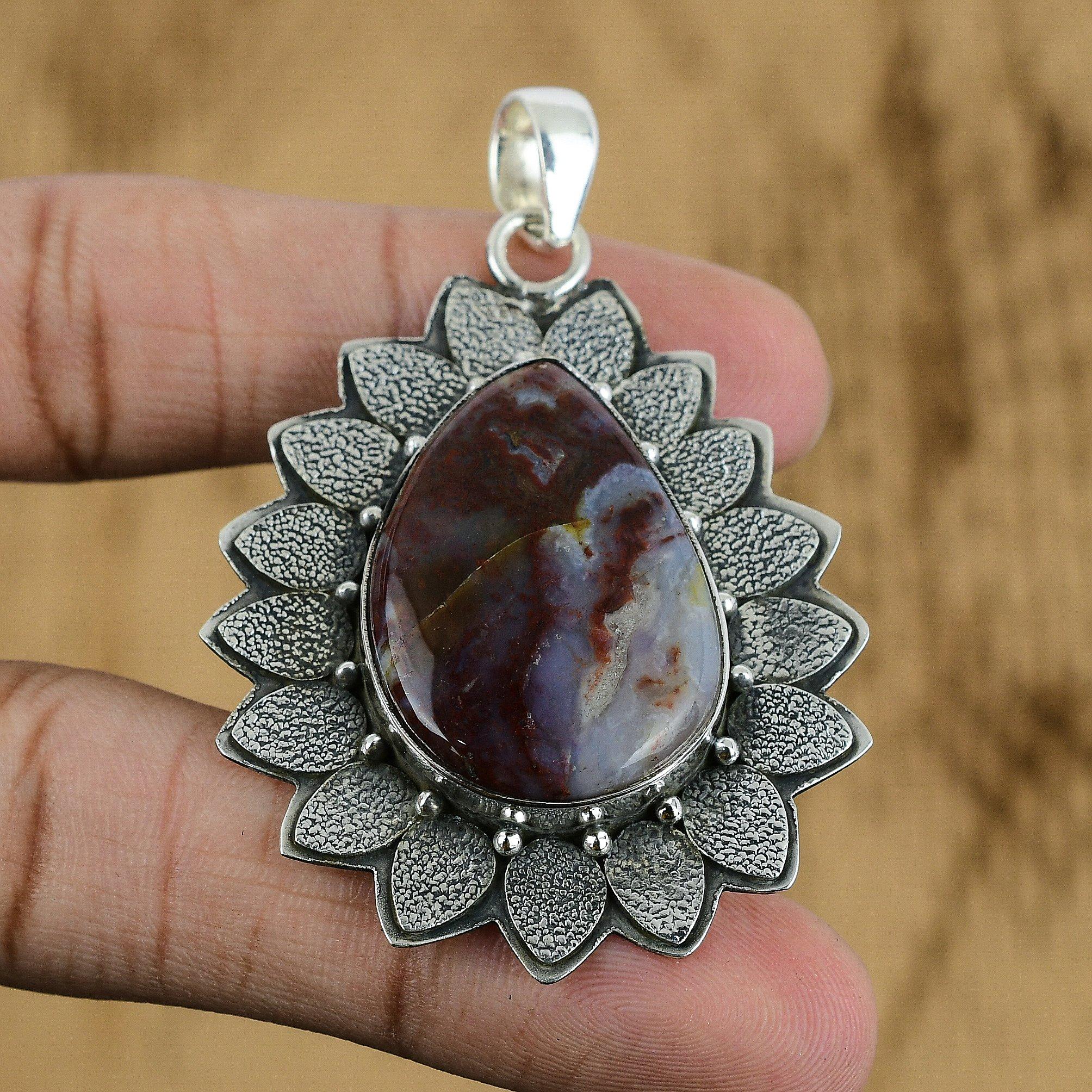 

925 Sterling Silver Pear Natural Rainbow Jasper Mother Engagement Unique Pendant