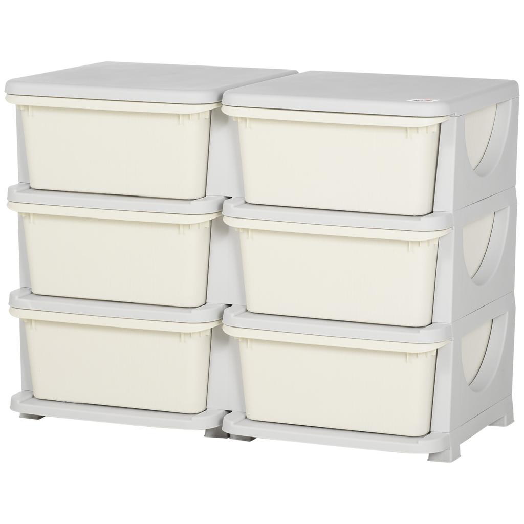 3-Tier Children's Toy Organizer with 6 Drawers, Plastic Storage Boxes, 75x37x56.5cm, Cream