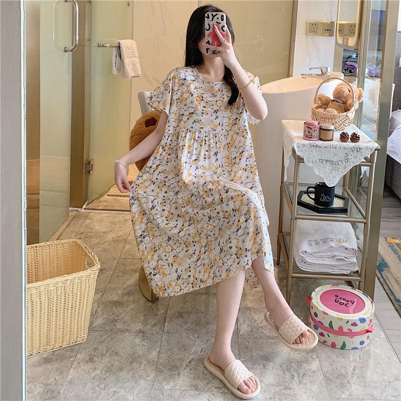 Cotton and silk nightgown women's spring and autumn casual short-sleeved large-size printed pajamas summer thin high-end cotton loungewear
