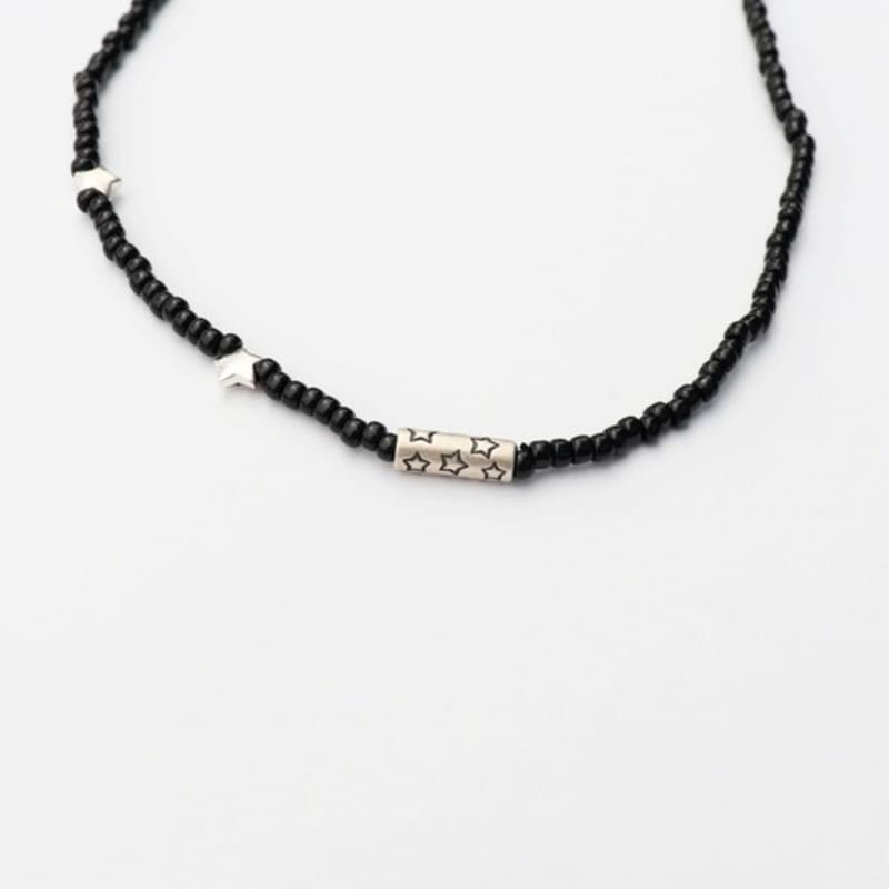 BONBEAU Silver star charms black beads Necklace Silver star charm black bead long necklace