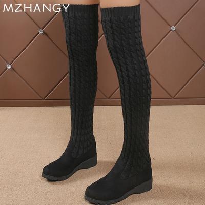 Moda Mujer Cuñas Botas Altas Tacones Medios Por Encima de la Rodilla Zapatos de Punto Mujer Tendencia 2025 Moda de Invierno Botines Clásicos Tipo Calcetín Mujer Botas