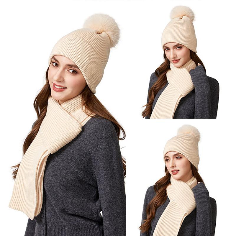 Autumn Winter Knitted Hat Scarf Two-Piece Set Women's Velvet Wool Hat Warm Pullover Hat Long Scarf Set