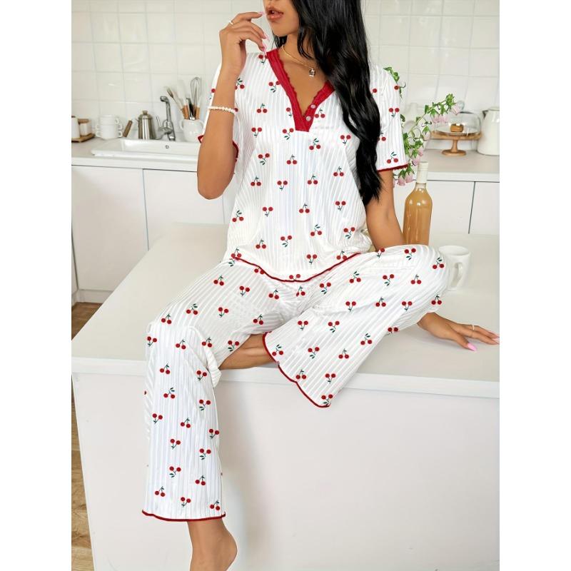 [Elegant Pajama] Comfy Elegant Women's Pajama Set | V-Neck Lace Trim, Short Sleeve Top & Long Pants, Red & White Cherry Print, Loungewear