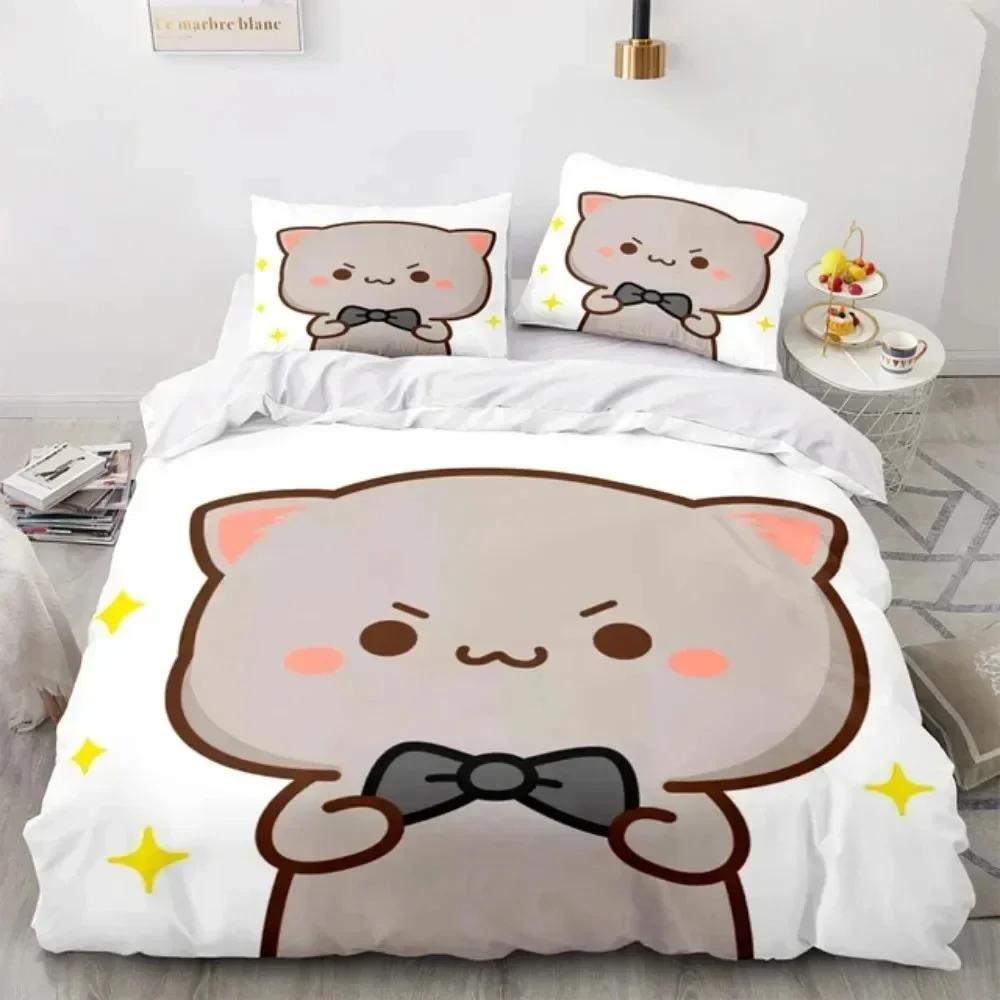 

3D Cartoon Lovely Peach Cat Printed Bed Set Duvet Cover Pillowcase Bedding Set Bed Linen Sheet Quilt Cover Full Queen King Size 135x200cm