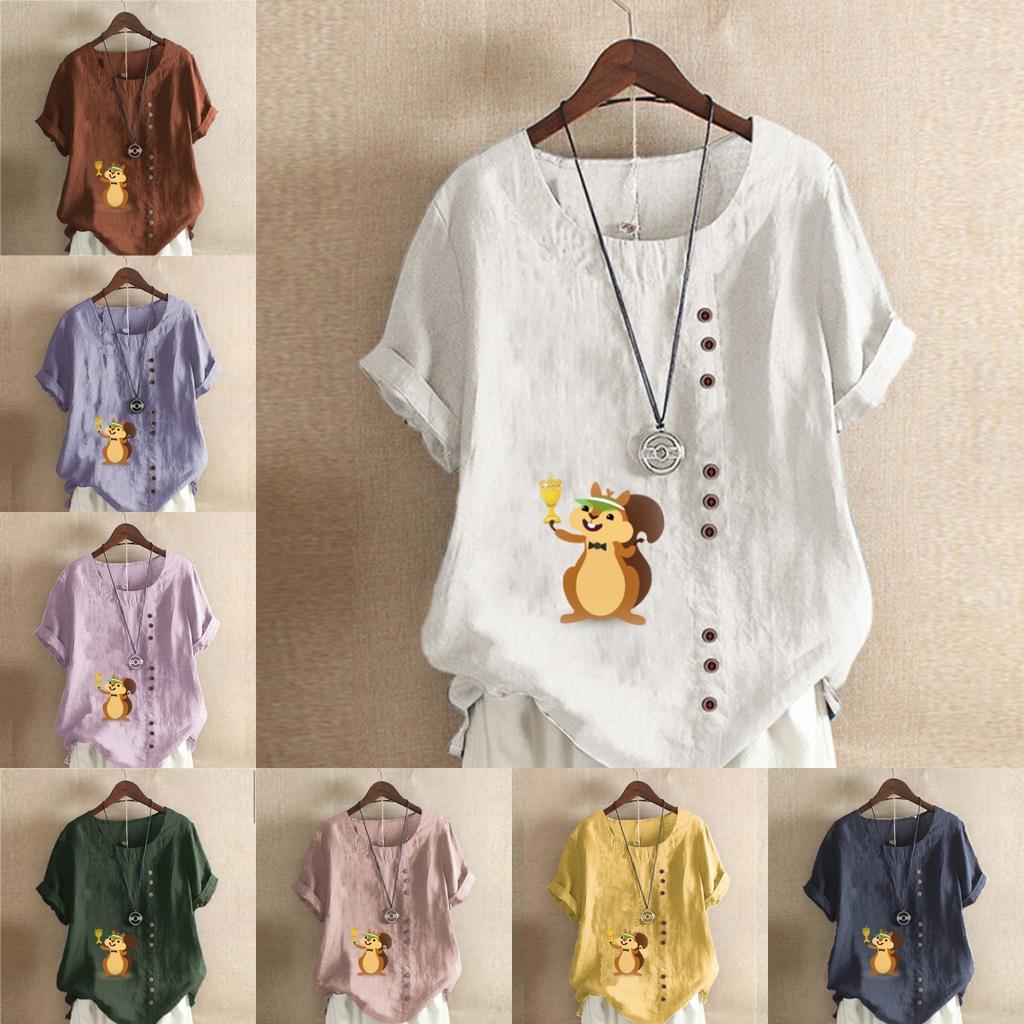 Women's Fashion Round Neck Short Sleeve T-shirt Casual Cotton Linen Graphic Shirt Leisure Loose Squirrel Prined Summer Blouse Tops