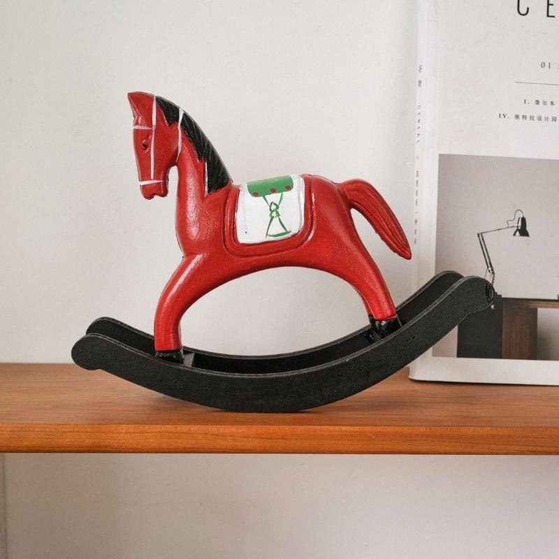 Wooden Rocking Horse Statues Decorative Animal Statue Sculptures Ornament for Office Home Table Centerpieces Gift