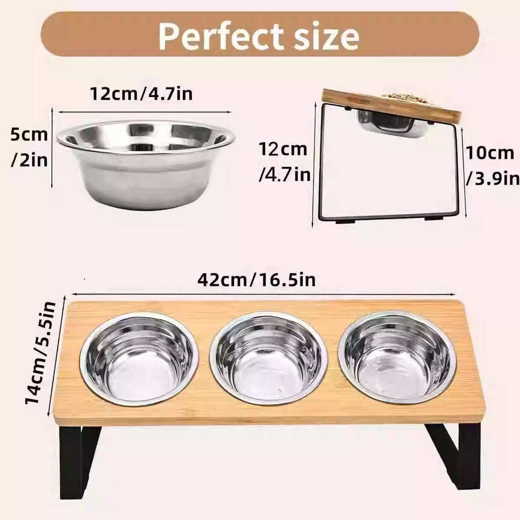 Tilt 15° Raised Cat Food Bowl 3 Stainless Steel Bowls, Drinking and Eating With Wooden Stand Anti-vomiting Suitable for Cats