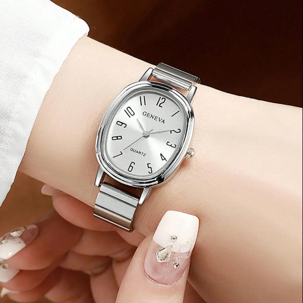 6pcs/Set-Elegant Women's Oval Quartz Watch Set, Suitable for Bracelets, Necklaces, Rings, Earrings, Fashionable Gift Choices