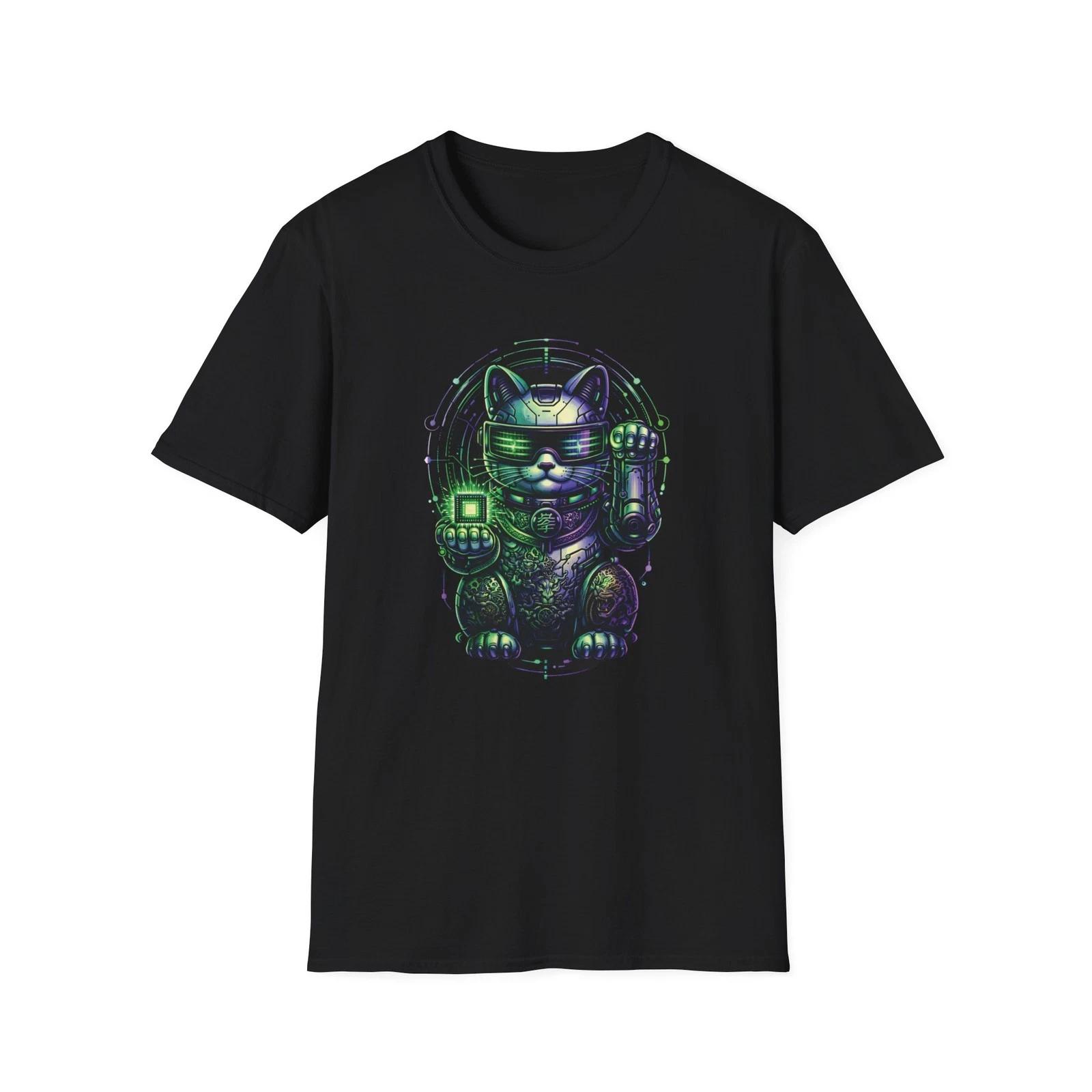 Cyber Lucky Cat T-Shirt | Neon Tech Maneki Neko Graphic 4XL