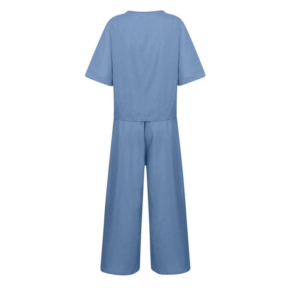 Damen Baumwoll-Leinen Freizeit Zweiteiler Set: Kurzarm-T-Shirt & Weite Hosen (Sommer 2025)