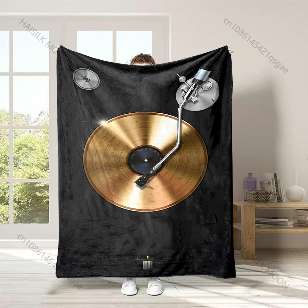 1PC Golden Vinyl Record Turntable Print Adult Children Warm Blankets Home Travel Car Soft Comfortable Suitable for All Seasons