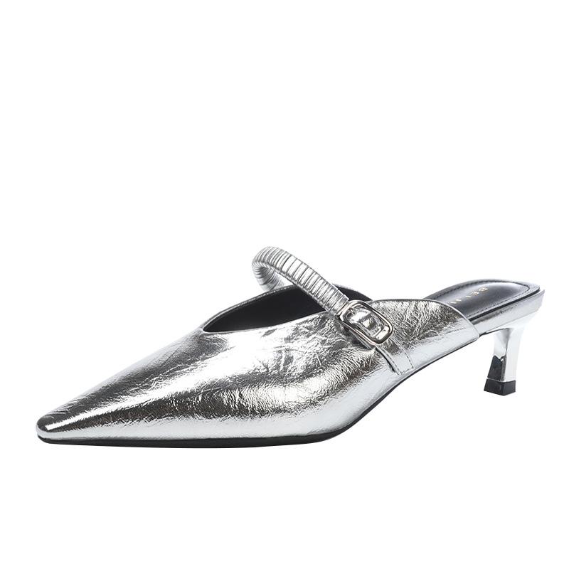 Versatile Temperament Baotou Sandals Women's Outer Wear Pointed Toe Thin Heel Half Slippers Medium Heel Mueller Shoes High Heels