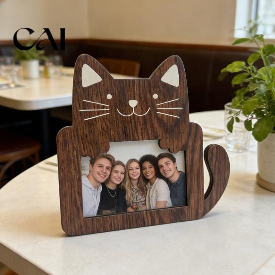 Cadre Photo Minimaliste en Bois de Pin Cadre Photo Animal Mignon, Support en Bois Rustique, Chat Petit pour Étagère Ours Bureau à Domicile Affichage Support Polyvalent