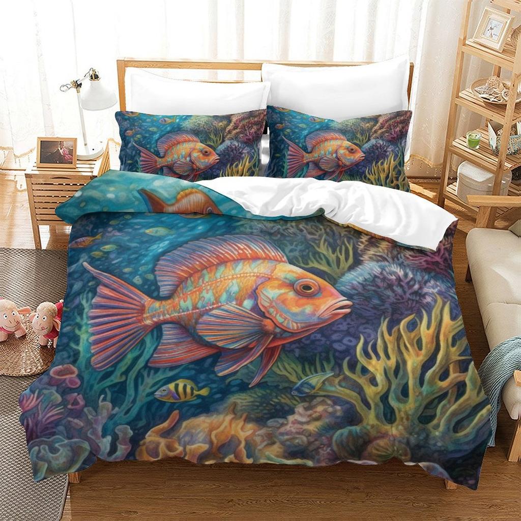 Colorful Fish 3D Digital Printing Polyester Quilt Cover Two Or Three Pieces Can Be