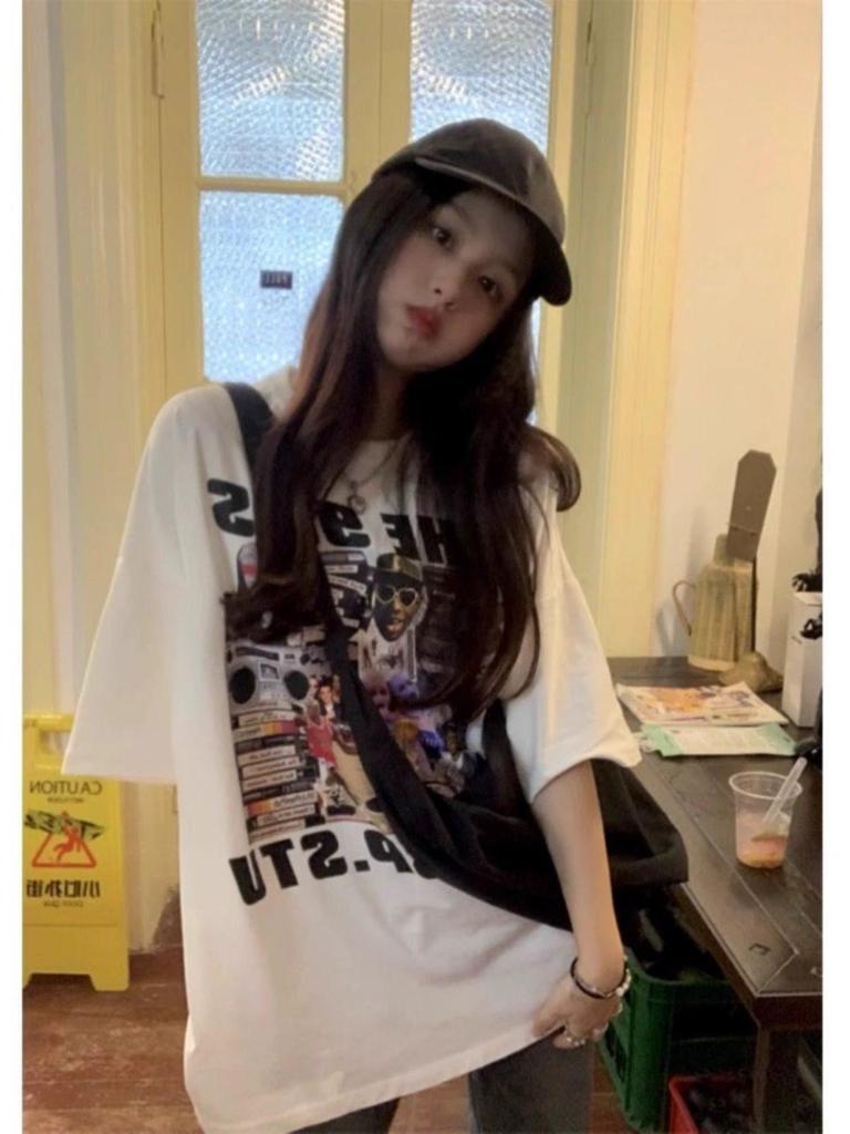 American Retro Trendy Plus Size Women's Pure Cotton Short Sleeve Summer Mid-length Casual Top