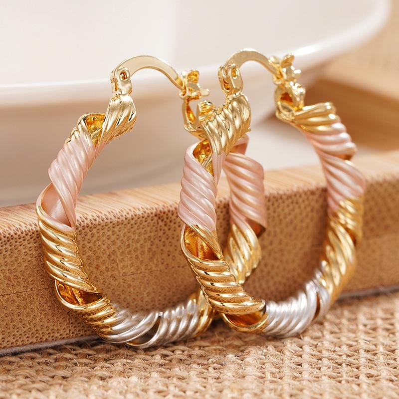 Tri Color Twisted Rope Hollow Hoop Huggie Earrings Korean Gentle Style Daily Women Jewelry