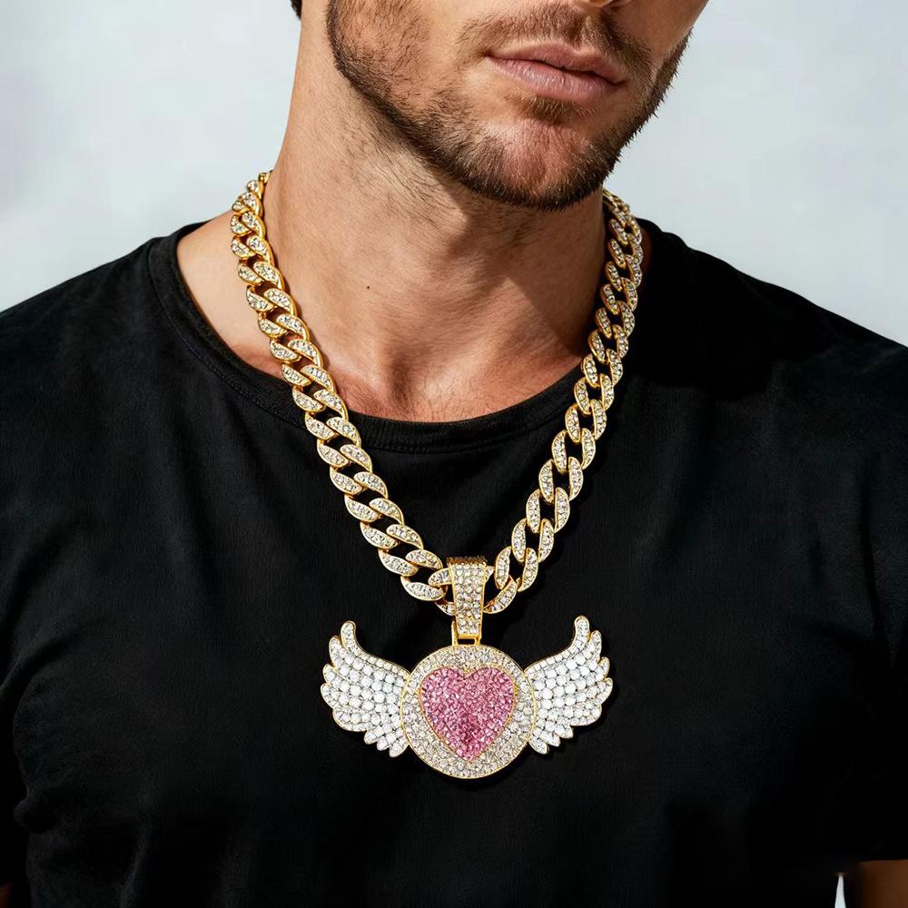 Hip Hop Rap Trendy Creative Pink Diamond Love Angel Wing Pendant Necklace Pink Diamond Love Men's Necklace