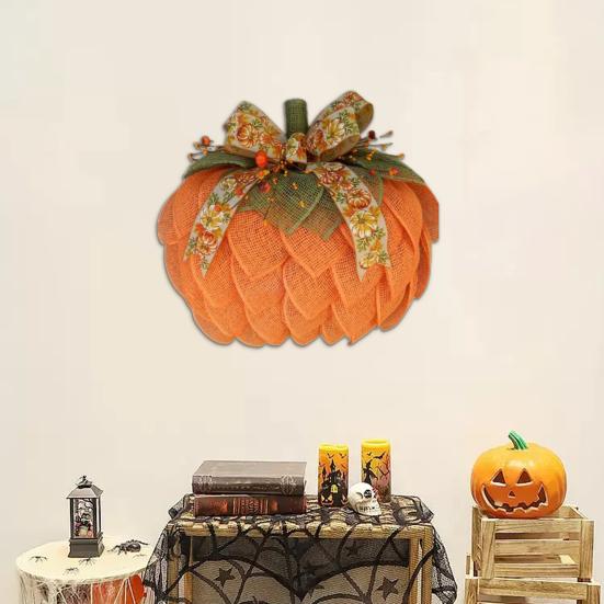 Wiejski wieniec dyniowy na drzwi wejściowe jesienna juta dyniowa girlanda z kokardami jagodami na jesień Halloween Boże Narodzenie Święto Dziękczynienia dekoracja domu werandy