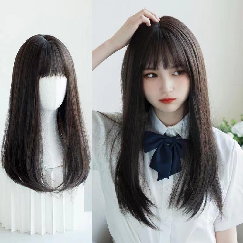 Women's Collarbone‑Length Straight Full Wig, Air Bangs Natural Fluffy Hairstyle for Round Face Face‑Framing Short‑Medium Hair