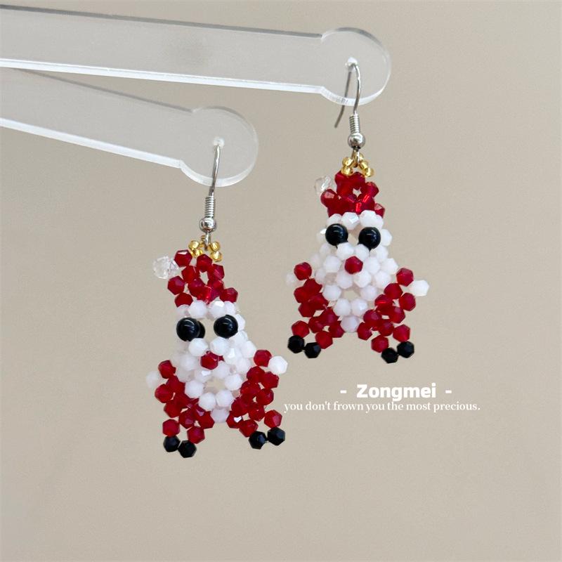 3D Christmas Tree Earrings with Red Bow - Heavy Beaded Crystal Ear Clips, Hand-Woven Holiday Accessories