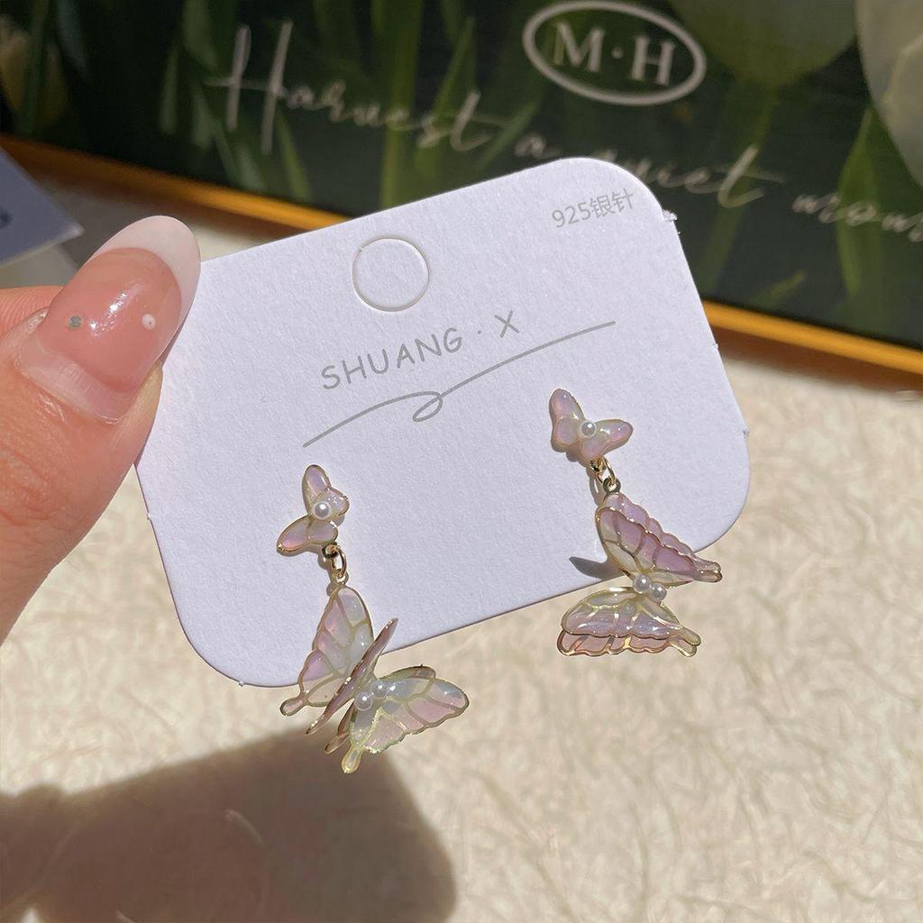 Orecchini a farfalla sfumati viola: Eleganti orecchini a forma di ago in argento per donna con un fascino fresco, dolce e fiabesco