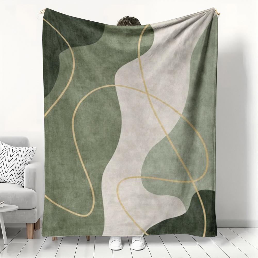 Soft Flannel Bed Blanket Modern Abstract Design Green Gold Pattern Warm Cozy Winter Comforter Couple Sleeping Together Home