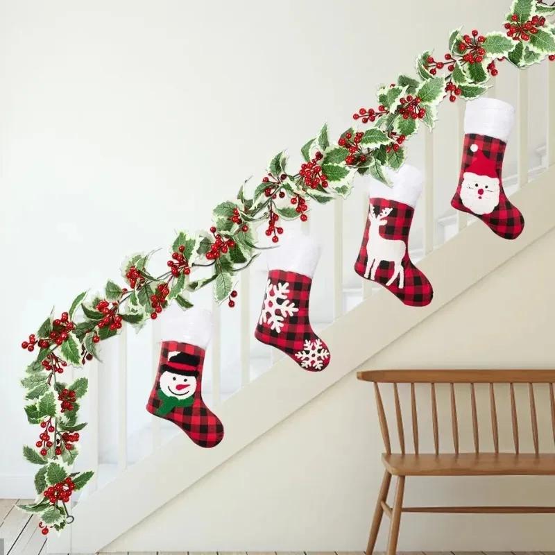 1-10PCS Artificial Holly Leaf and Red Berry Garland Wall Hanging Christmas Decoration Faux Vine for Home Holiday Atmosphere