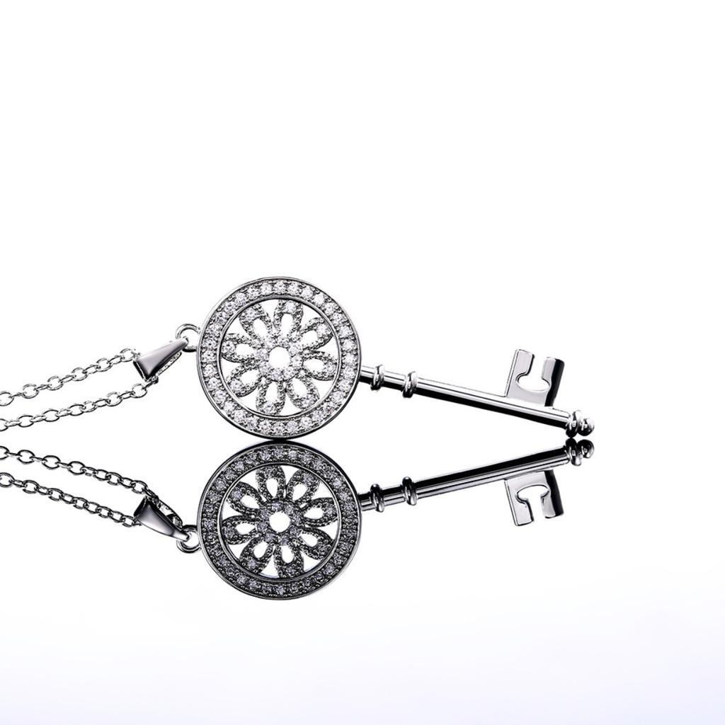 Hollow Floral Circle Key Pendant Cubic Zirconia Long Necklace