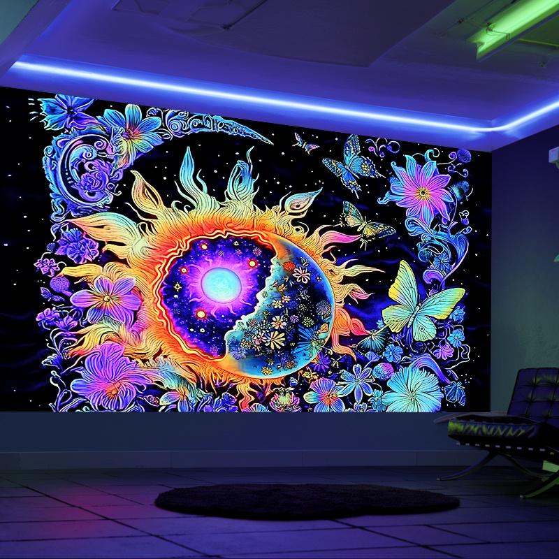 Sun Moon Butterfly Tapestry psychedelic Neon Sun Moon Print Hanging Cloth Bedroom Dormitory Bedhead Room Decoration 100X70CM