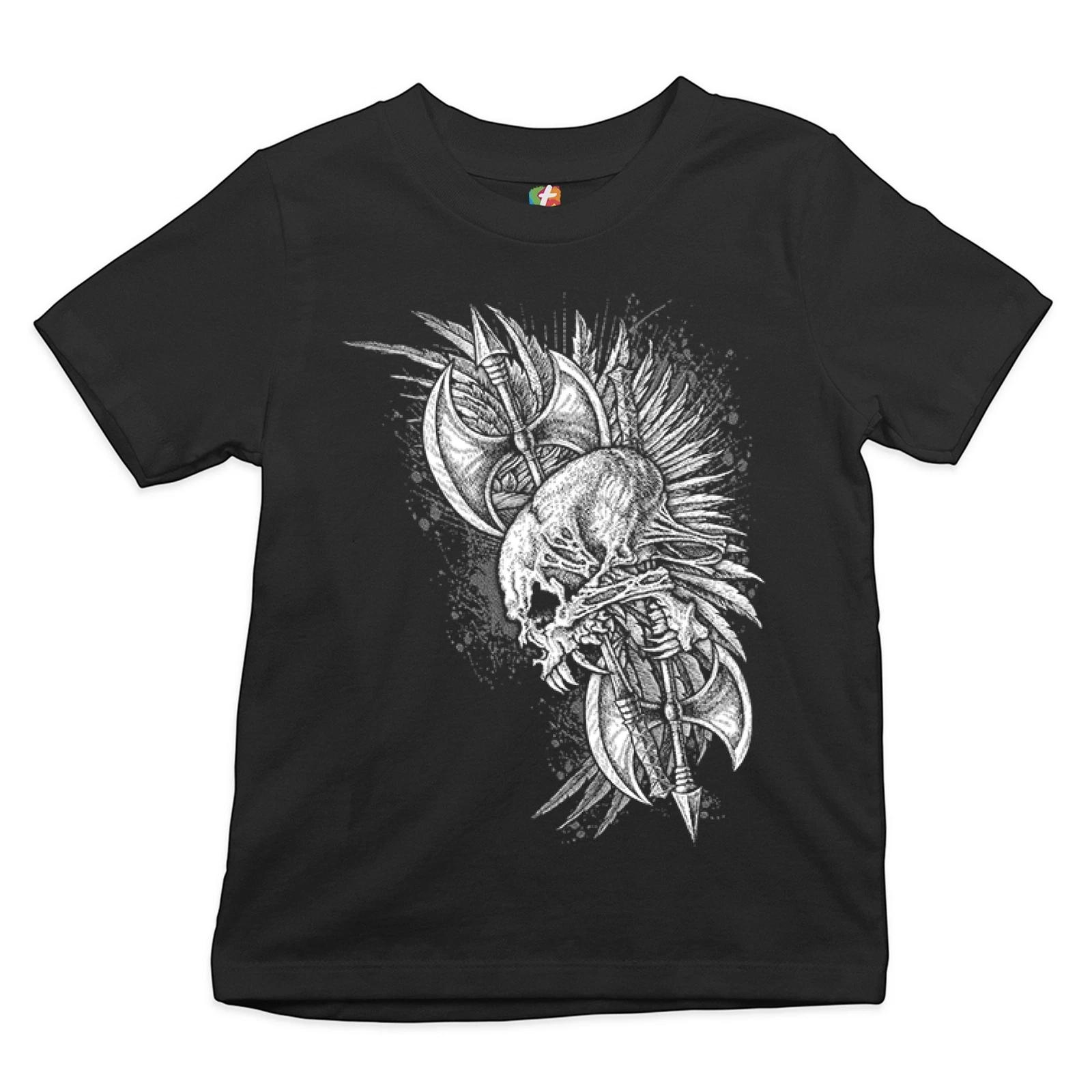 Winged Skull Youth kids boys T-Shirt Viking Warrior Skeleton Labrys Axe Gothic Kids 140