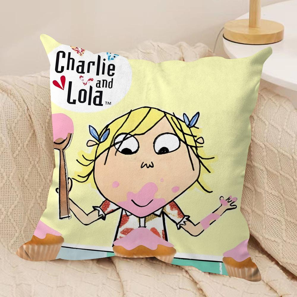 Charlie and Lola Anime Cushion Cover Soft Plush Fabric Double-Sided Printed Sofa Cushion Cover for All Seasons Home Decor Gift