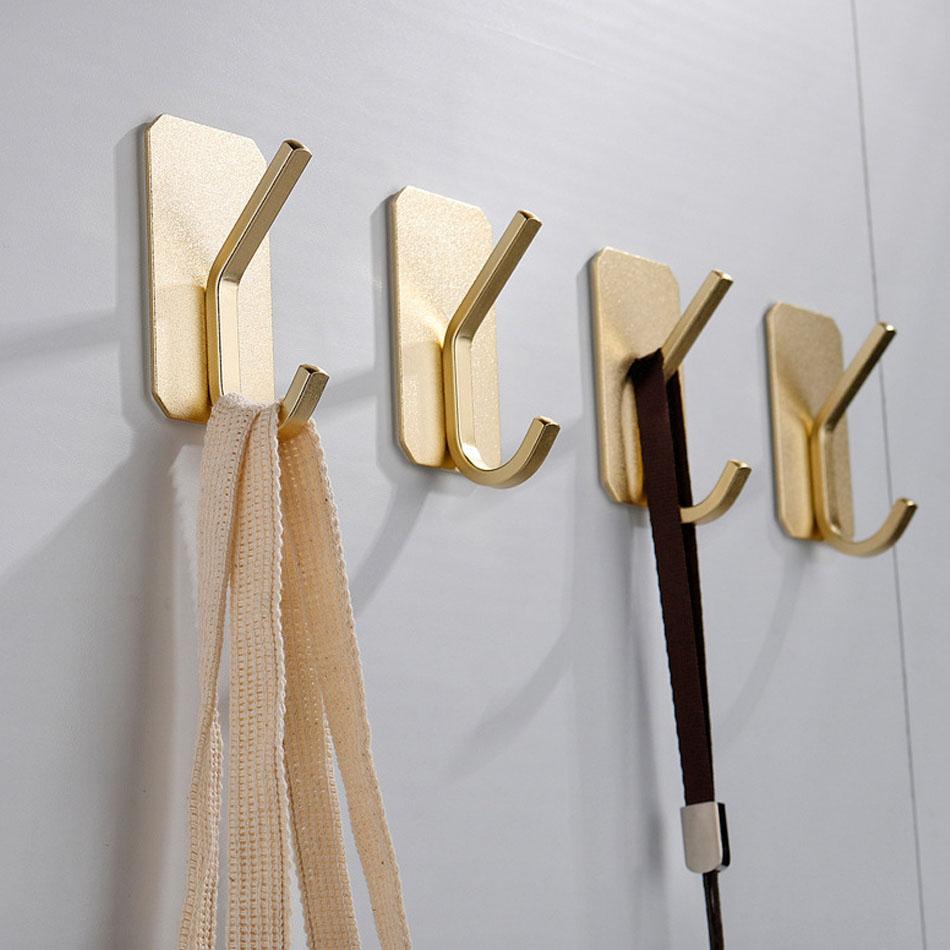 4pcs/Lot Wall Hook Adhesive Matte Gold Black Sliver Kitchen Bathroom Towel Key Robe Door Hooks Storage Hanger Holder Aluminum