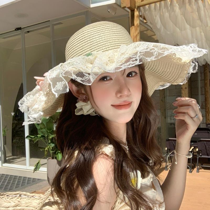Flower Bow Lace Edge Straw Hat Women's Summer Seaside Beach Vacation Big Brim Sunshade Sunscreen Sunshade