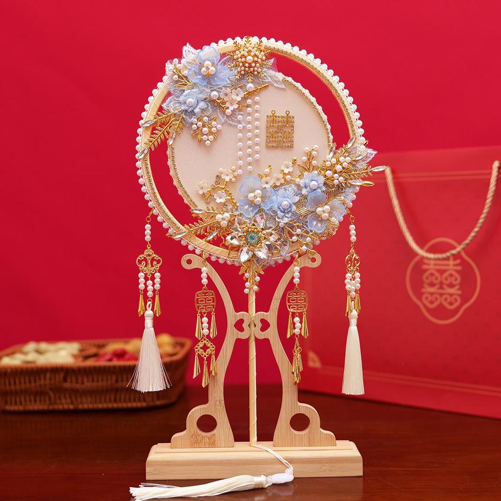 Joyful Bride's Handmade Xiuhe Wedding Fan with Veil - Double-Sided Round Fan Gift