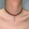 Red Leather Zircon Cross Necklace Punk Rivet Design Fashionable Y2K Double-Layer Choker Necklace Man Women's Party Jewelry Gifts