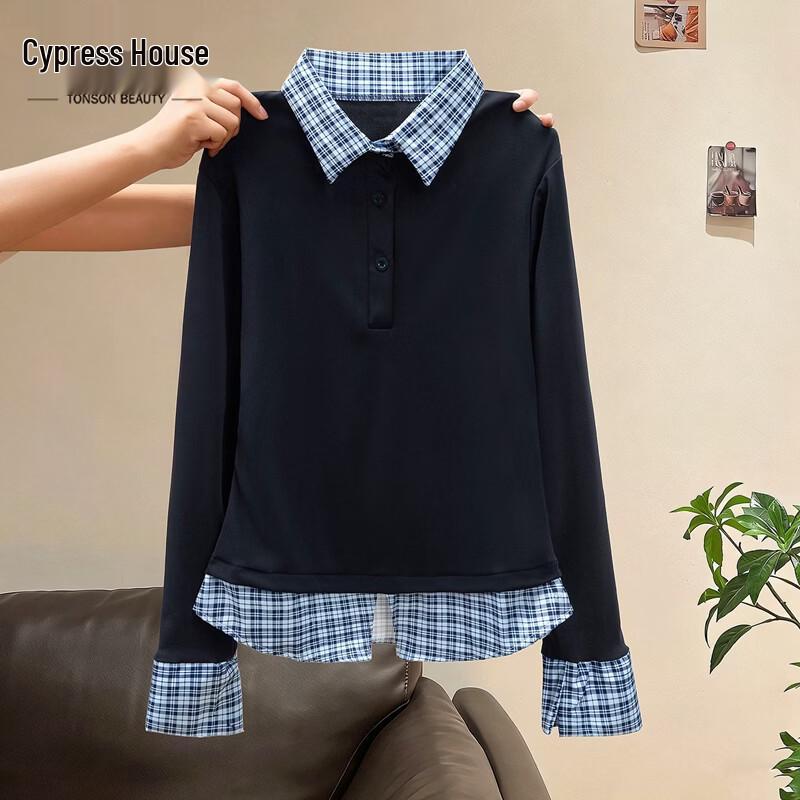 

Women s Vintage Plaid Lapel Fake Two-Piece Blouse M