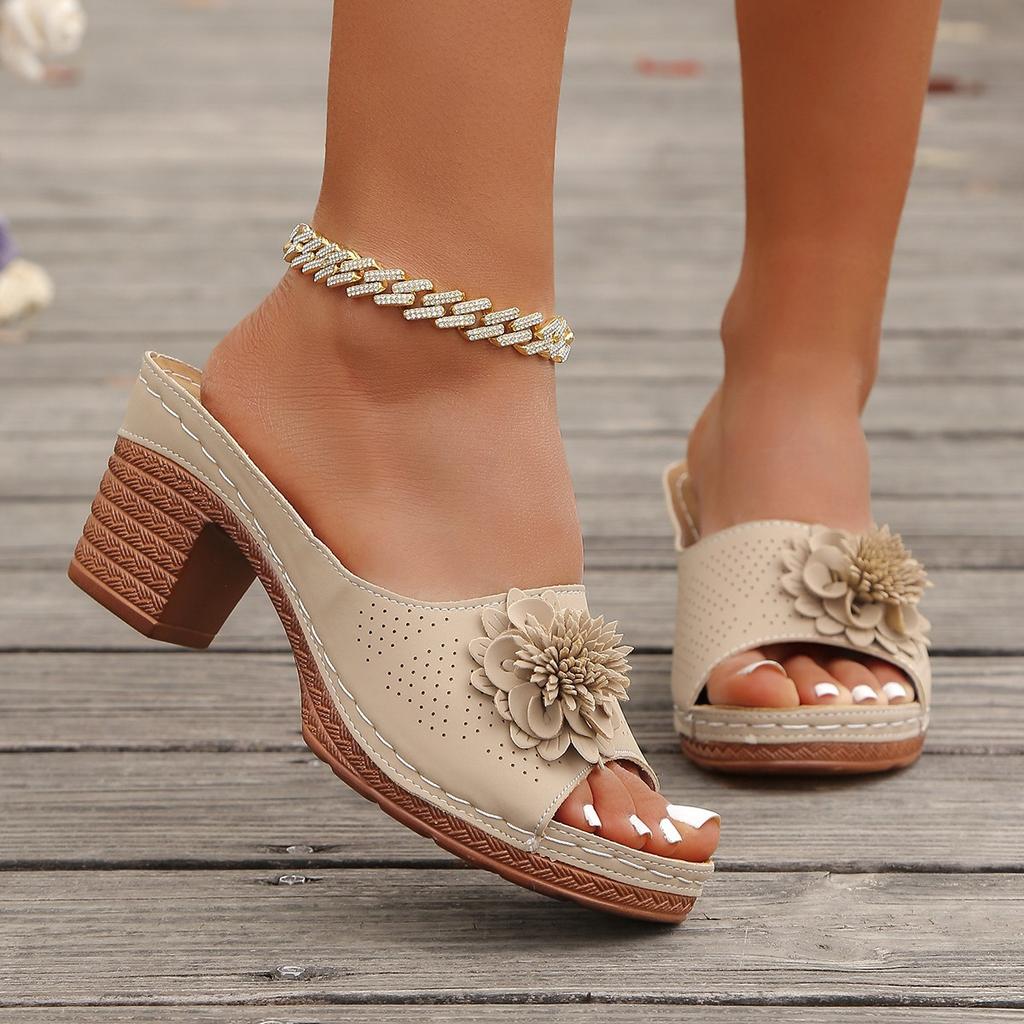 Women's Wide Width Roman Style Sandals, Floral Decor Lightweight Platform Slides, Minimalist Wedge Slippers for Women